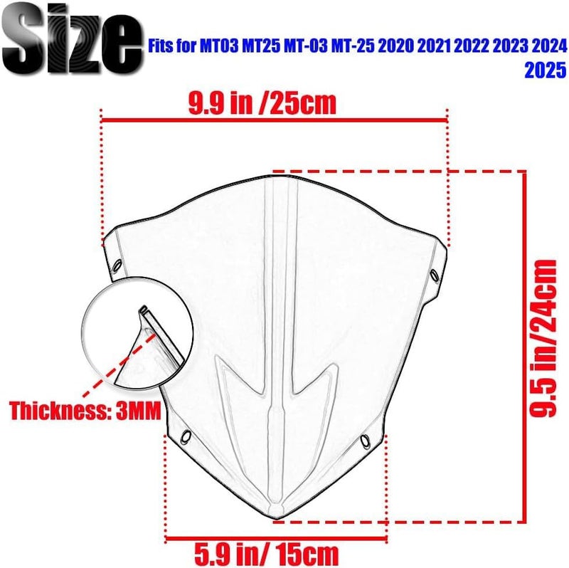 kucehiup Motorcycle Windshield Windscreen Sports Visor Fits for Y-A-M MT03 MT25 MT-03 MT-25 2020 2021 2022 2023 2024 2025 20-25 - Image 2